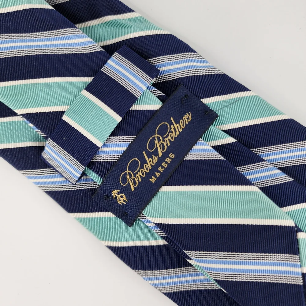 BROOKS BROTHERS MAKERS Green & Blue Stipe Tie.